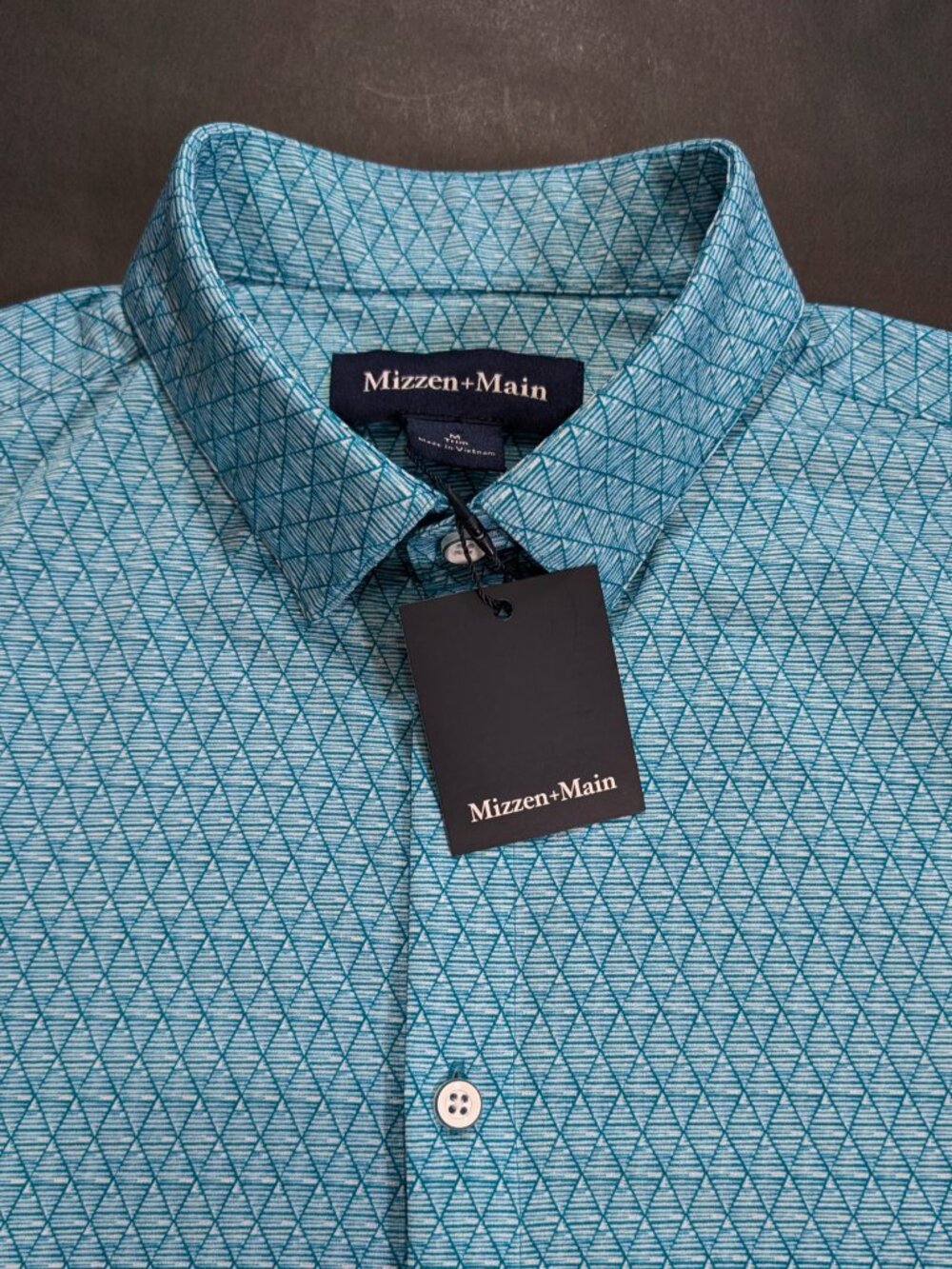 Mizzen+Main Dress Shirt Men Size M L Teal Diamond Mirage SS Halyard Trim No Tuck